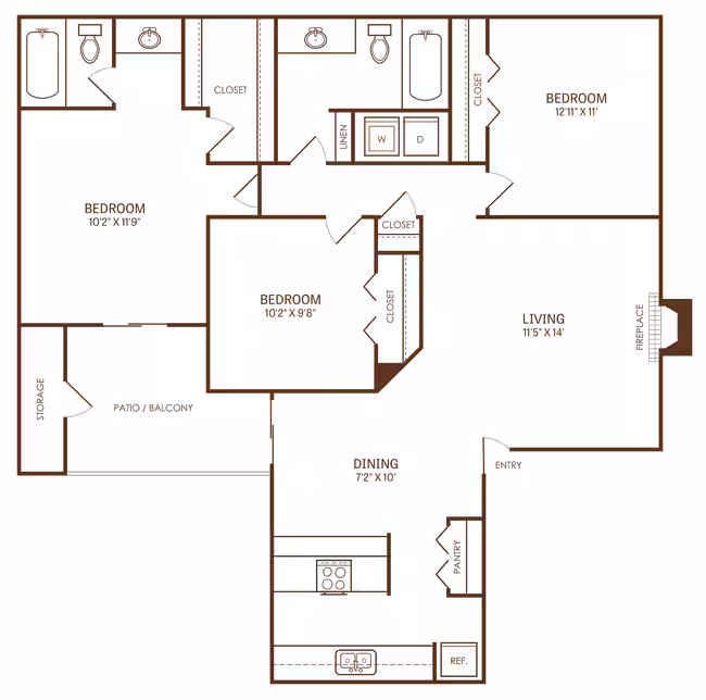 3 Bedroom, 2 Bath 12722 floor plan